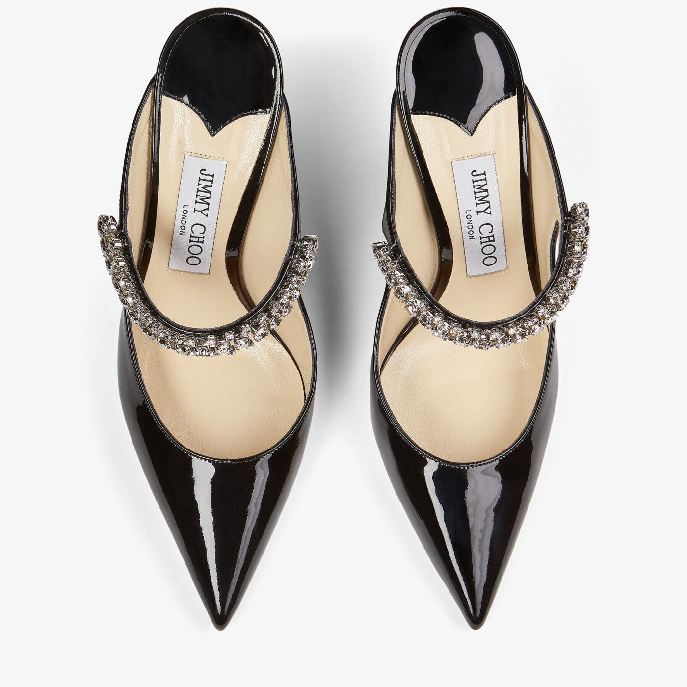Bing 100 Black Patent Leather Mules with Crystal Strap