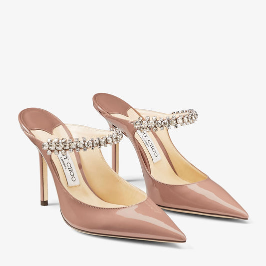 Bing 100 Ballet Pink Patent Leather Mules with Crystal Strap