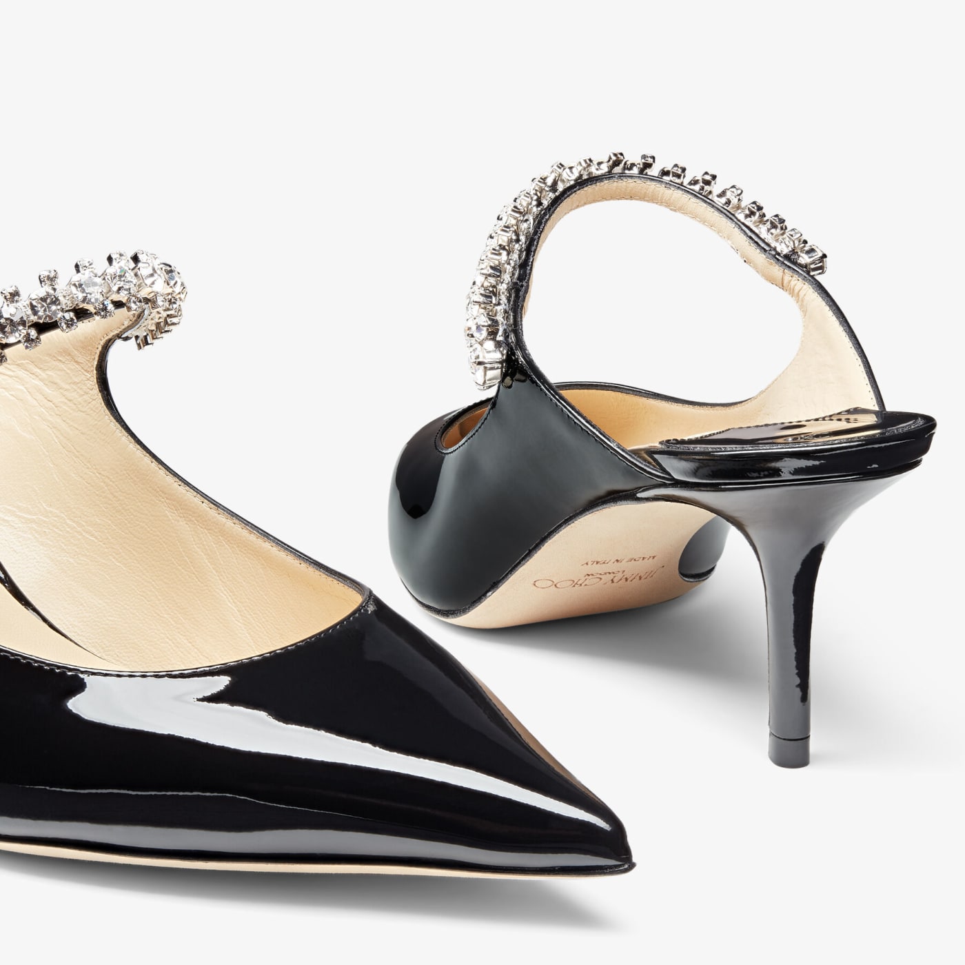 Bing 65 Black Patent Leather Mules with Crystal Strap