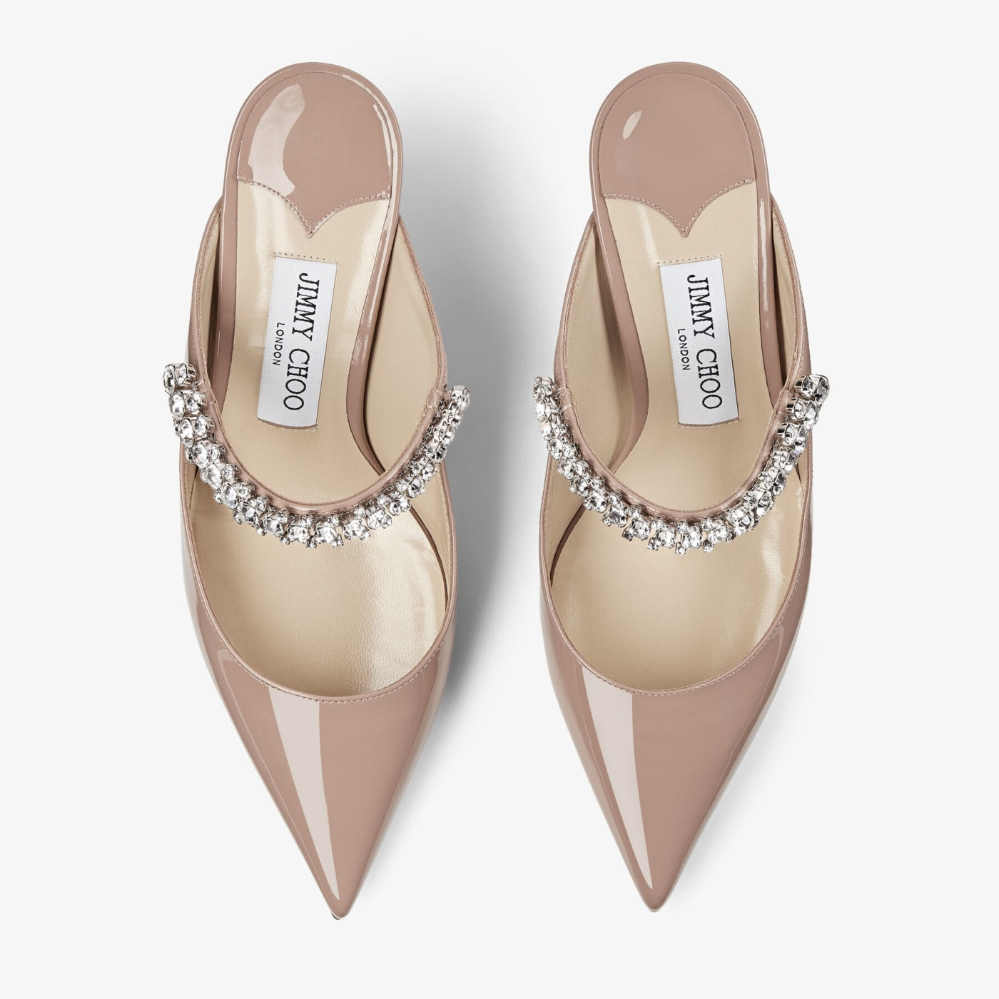 Bing 65 Ballet Pink Patent Leather Mules with Crystal Strap