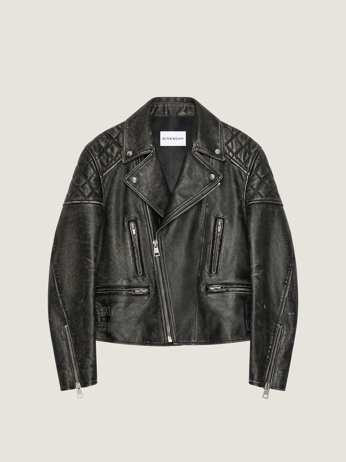 Zipped biker blouson in leather with Sunflower print
