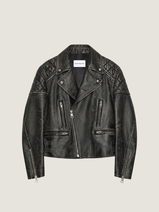 Zipped biker blouson in leather with Sunflower print