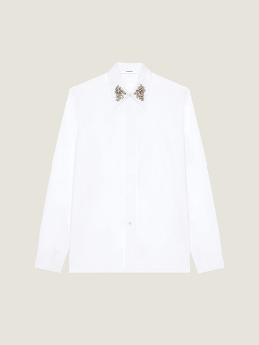 Slim shirt in poplin with crystals embroidered collar