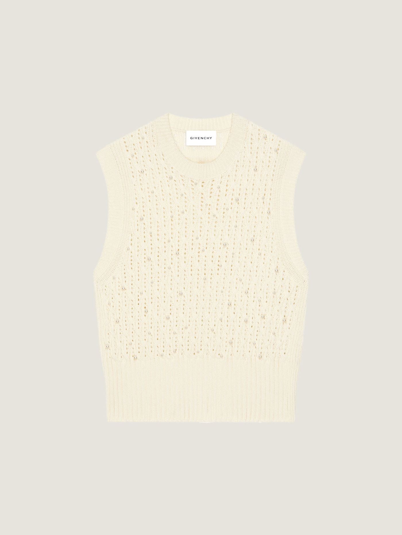 Sleeveless sweater in wool with pearl embroidery