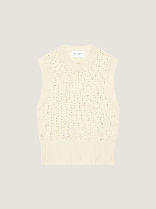Sleeveless sweater in wool with pearl embroidery