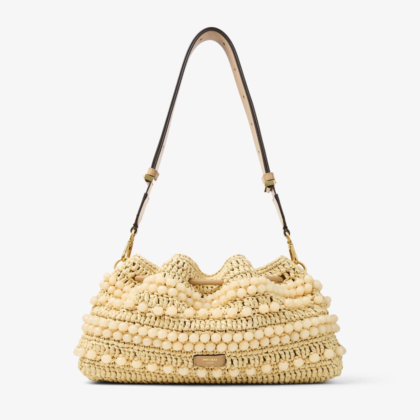 Cinch Medium Natural and Cappuccino Beaded Raffia Bucket Bag with Smooth Calf Leather