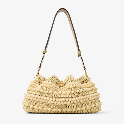 Cinch Medium Natural and Cappuccino Beaded Raffia Bucket Bag with Smooth Calf Leather