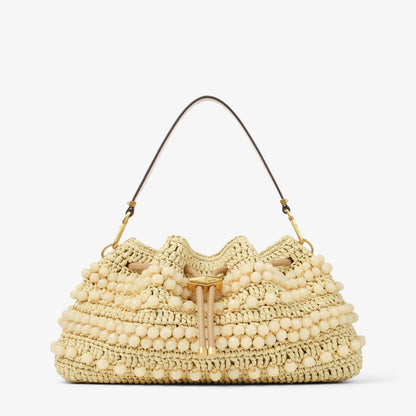 Cinch Medium Natural and Cappuccino Beaded Raffia Bucket Bag with Smooth Calf Leather