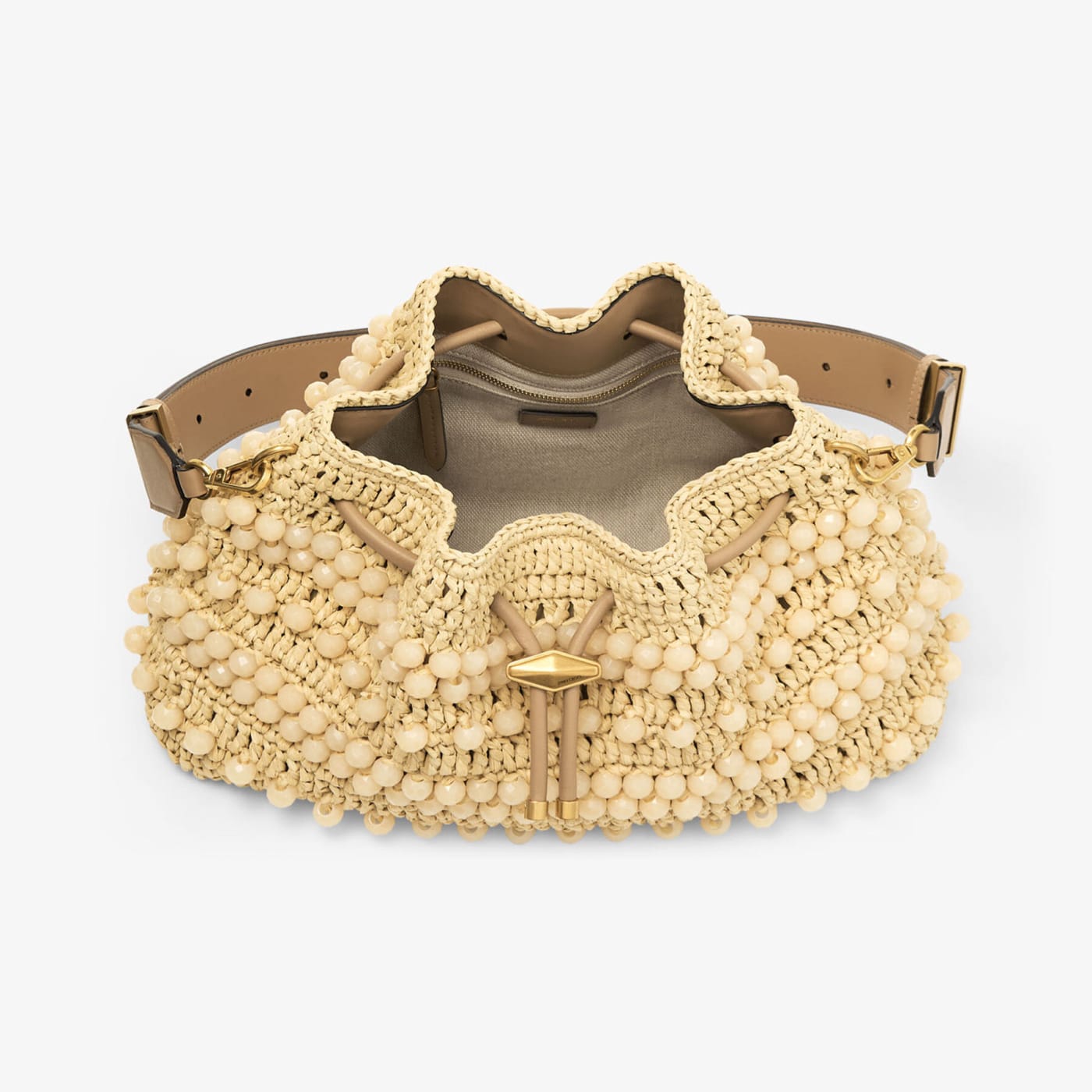 Cinch Medium Natural and Cappuccino Beaded Raffia Bucket Bag with Smooth Calf Leather