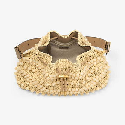 Cinch Medium Natural and Cappuccino Beaded Raffia Bucket Bag with Smooth Calf Leather