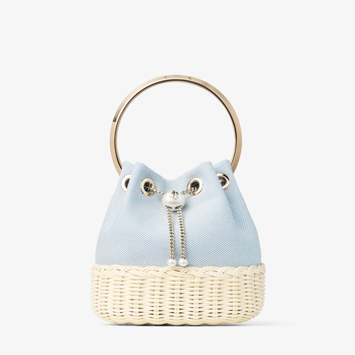 Bon Bon Riviera Blue Mix Flecked Canvas and Wicker Bucket Bag