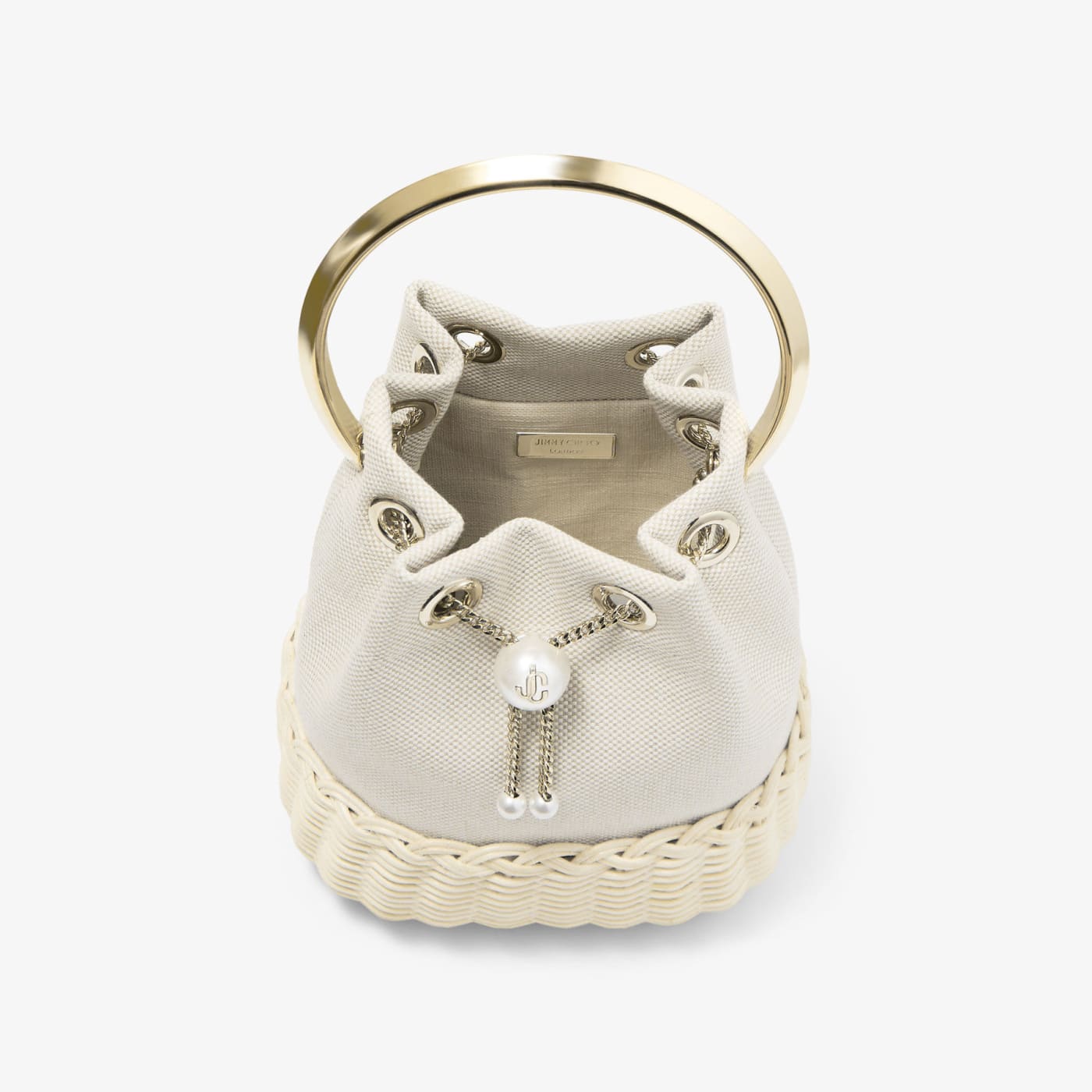 Bon Bon Almond Mix Flecked Canvas and Wicker Bucket Bag