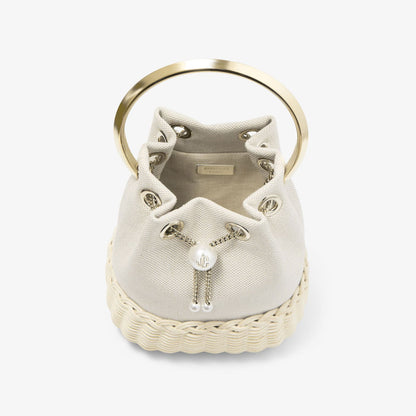 Bon Bon Almond Mix Flecked Canvas and Wicker Bucket Bag