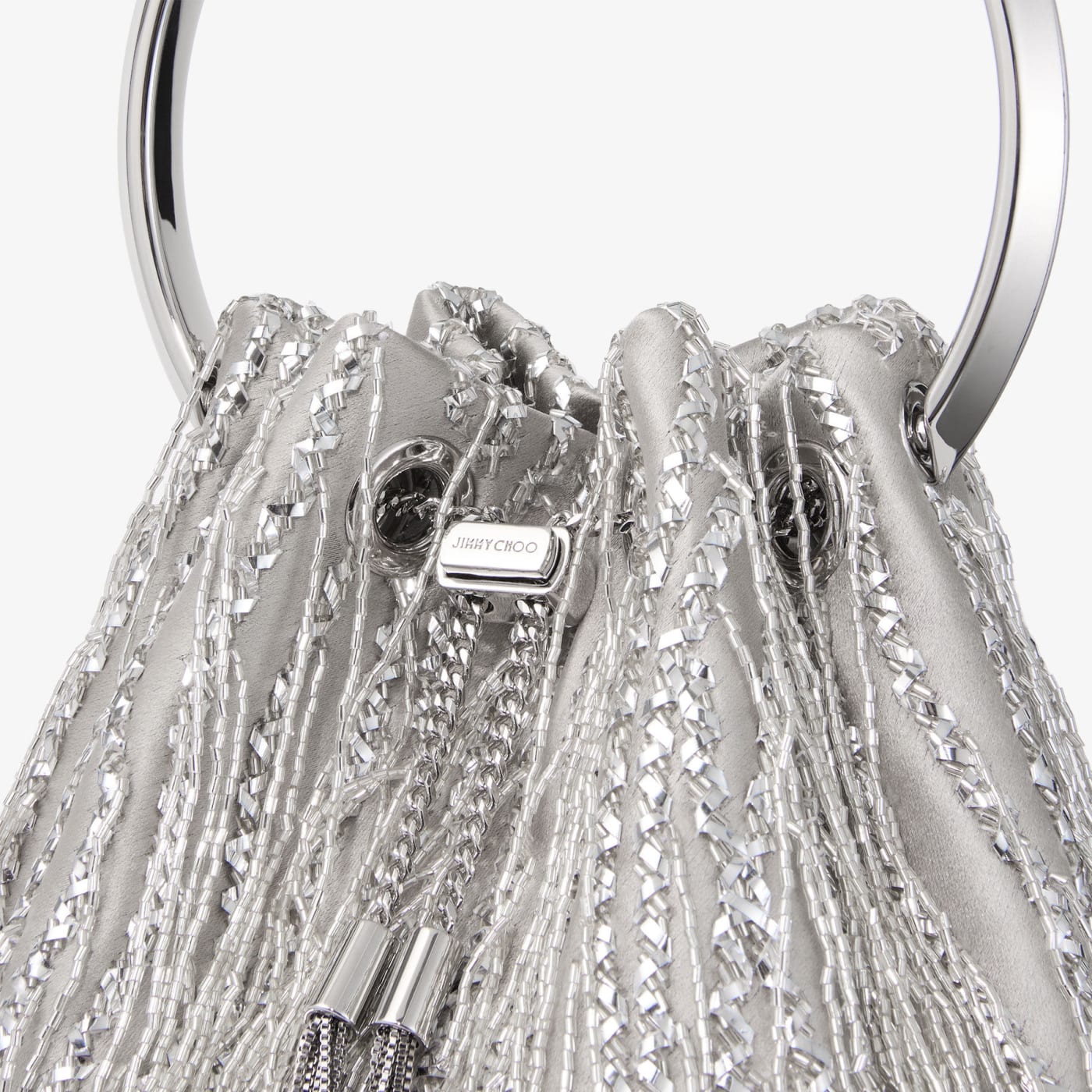 Bon Bon Silver Braided Fringe Embroidery Bucket Bag