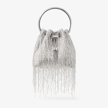 Bon Bon Silver Braided Fringe Embroidery Bucket Bag