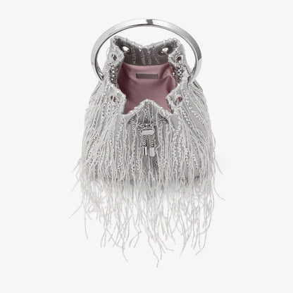 Bon Bon Silver Braided Fringe Embroidery Bucket Bag