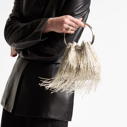 Bon Bon Silver Braided Fringe Embroidery Bucket Bag