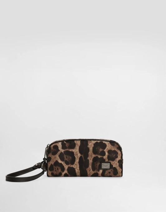 Leopard-print nylon necessaire