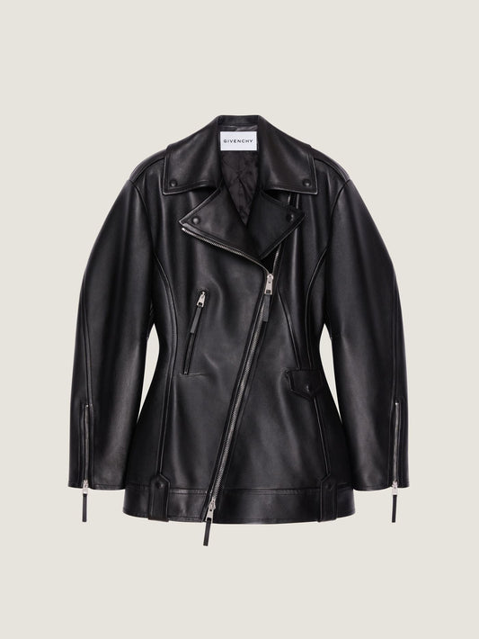 Cinched biker jacket in leather