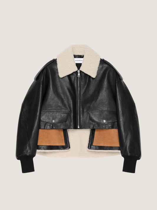 Cropped aviator jacket in leather and shearling