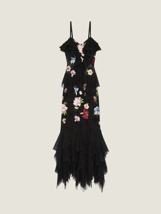 Ruffled dress in silk chiffon with embroideries