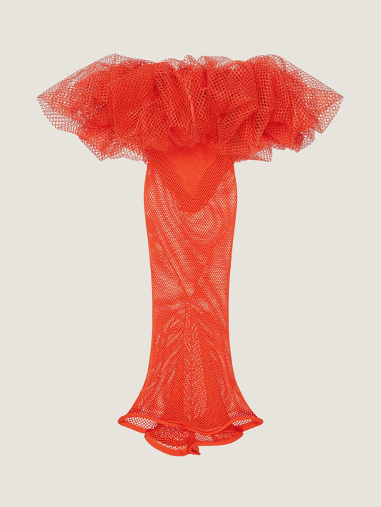 Long ruffled dress in mesh