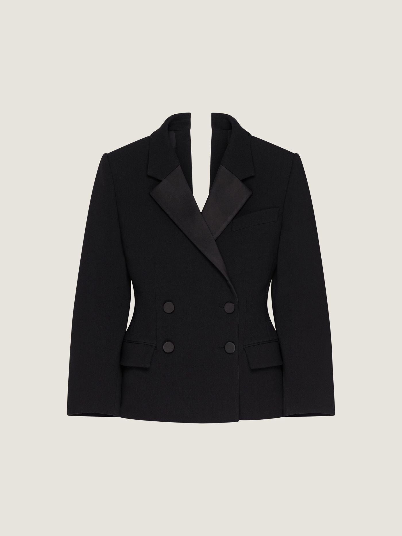 Double breasted slashed tuxedo jacket in wool