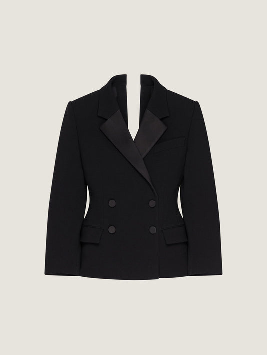 Double breasted slashed tuxedo jacket in wool