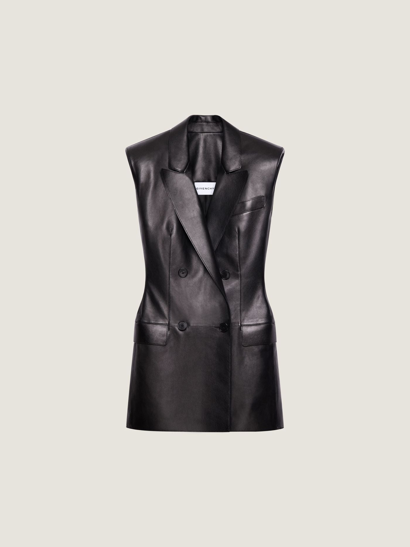Double-breasted sleeveless jacket in leather