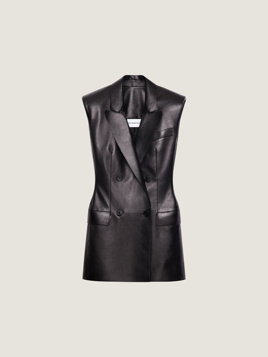 Double-breasted sleeveless jacket in leather