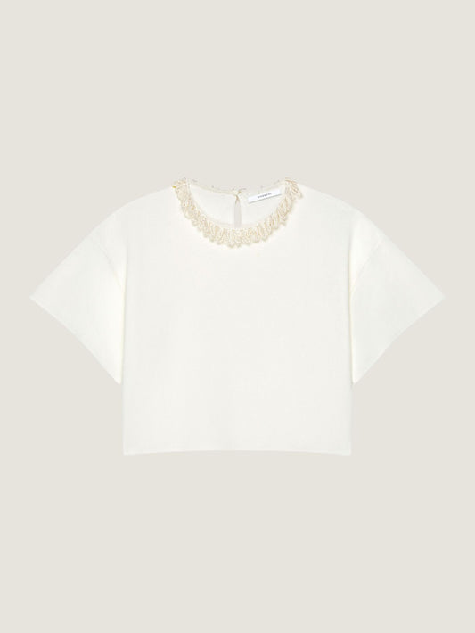 Cropped top in knit with embroidered pearl collar