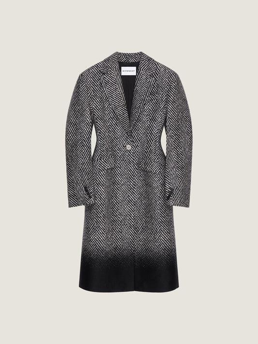 Cocoon fitted coat in herringbone jacquard mixed wool