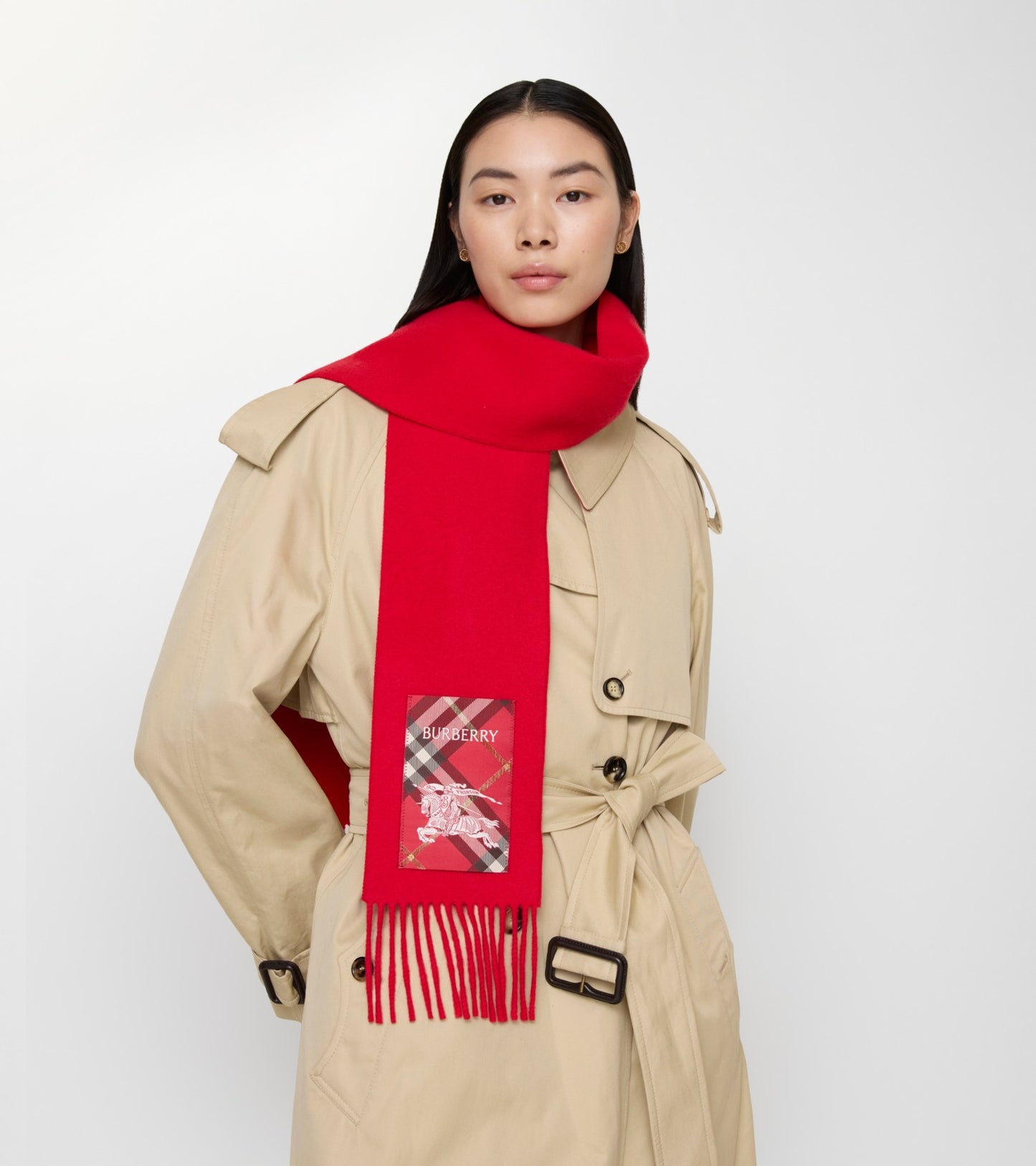 Check Label Cashmere Scarf in Crayon red
