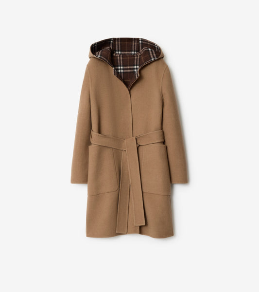 Reversible Wool Hooded Wrap Coat in Camel brown/treacle brown