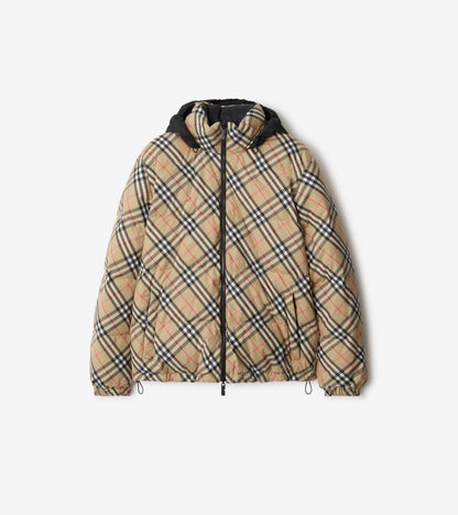 Reversible Check Snowdon Puffer Jacket in Sand beige