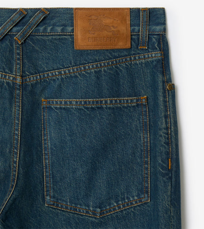 Straight Check Turn-up Jeans in Mid blue
