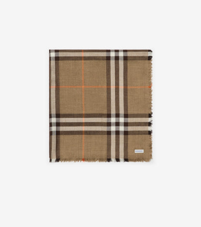 Reversible Check Wool Silk Scarf in Sand beige/vole brown