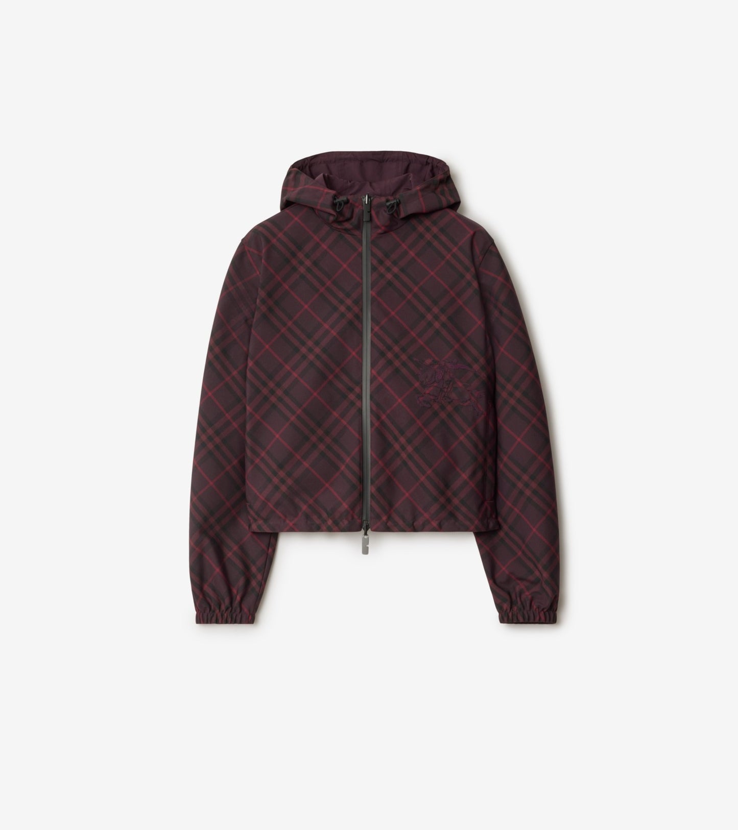 Cropped Reversible Check Hooded Jacket in Wine red