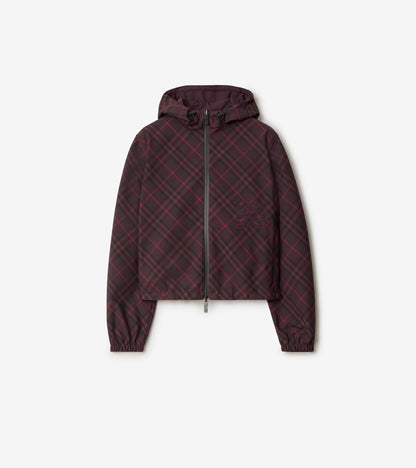 Cropped Reversible Check Hooded Jacket in Wine red