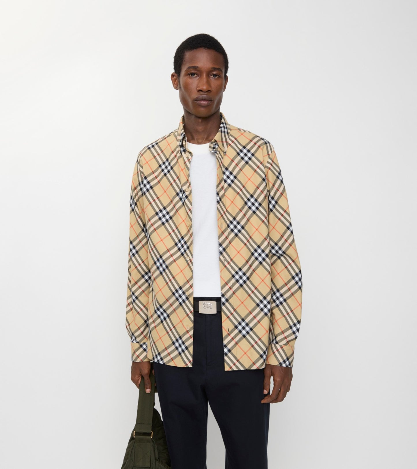 Relaxed Fit Check Cotton Flannel Shirt in Sand beige