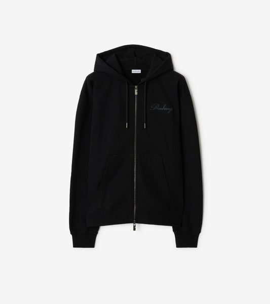 Check Cursive Logo Cotton Zip Hoodie in Black