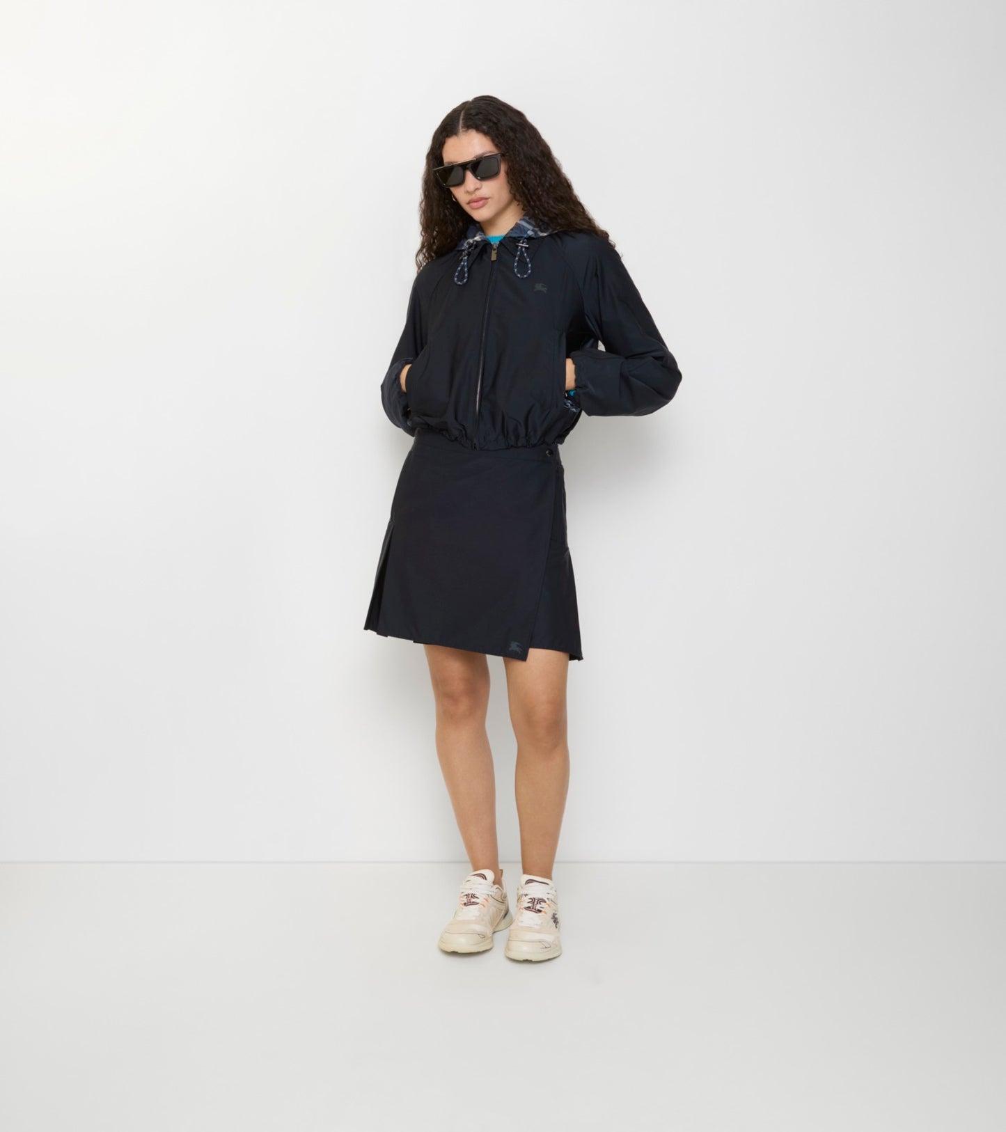 Pleated Stretch Nylon Mini Skirt in Silhouette blue