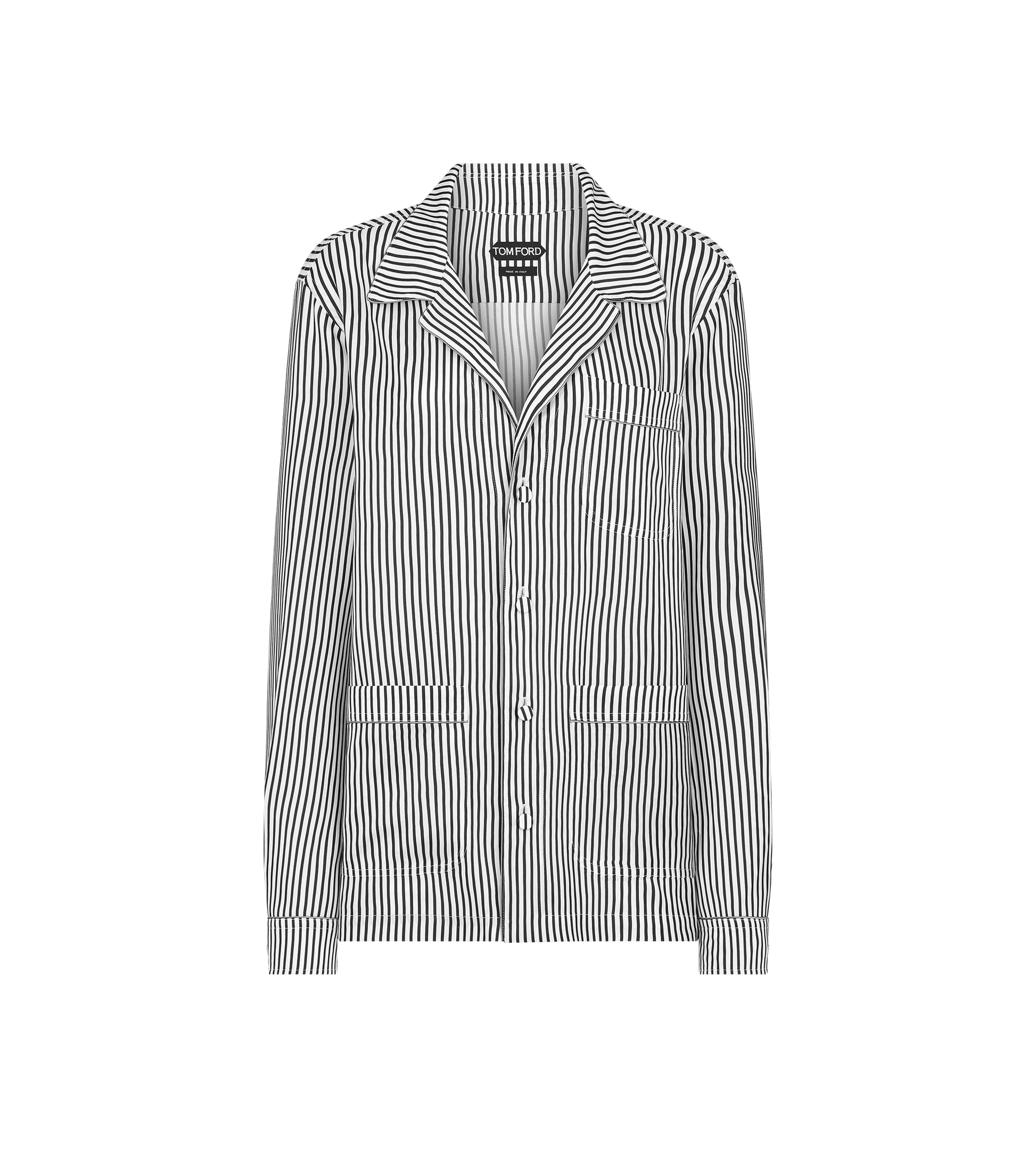 Striped Silk Pj Shirt With Piping And Tonal Tf Embroidered Logo