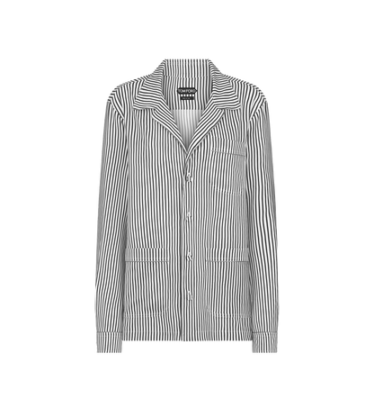 Striped Silk Pj Shirt With Piping And Tonal Tf Embroidered Logo