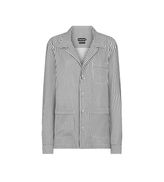 Striped Silk Pj Shirt With Piping And Tonal Tf Embroidered Logo