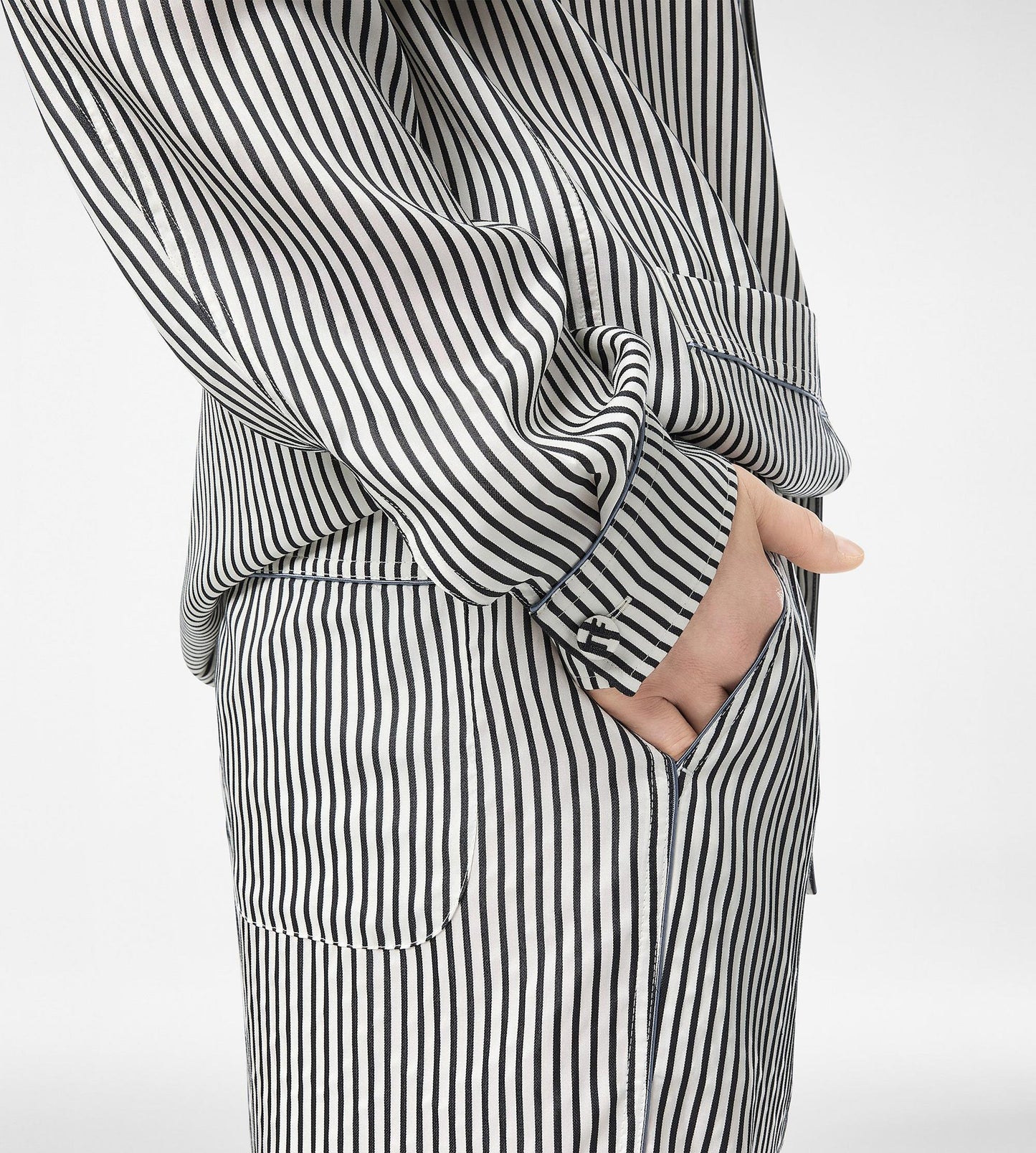 Striped Silk Pj Shirt With Piping And Tonal Tf Embroidered Logo