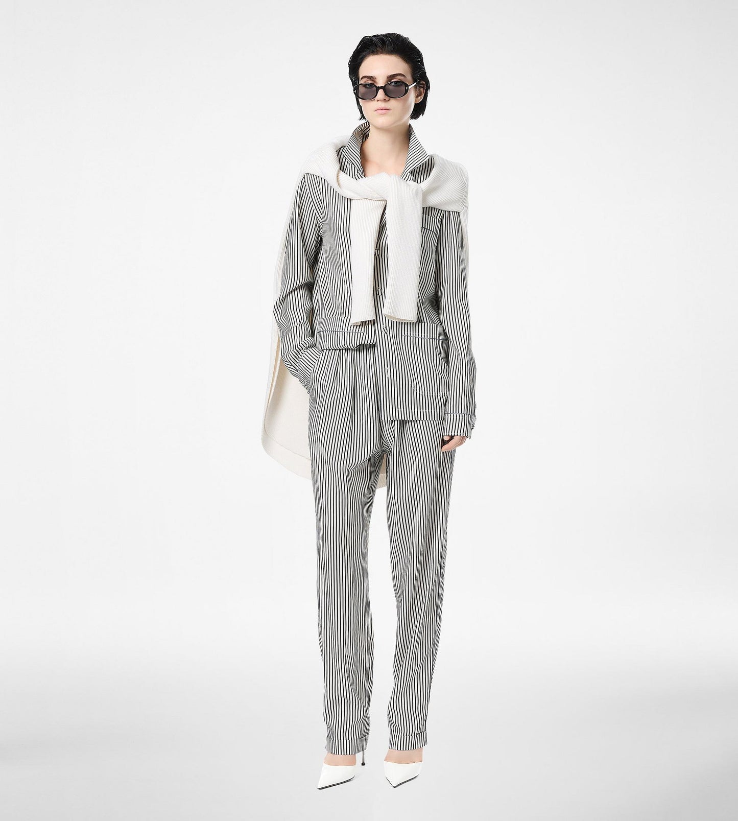 Striped Silk Pj Shirt With Piping And Tonal Tf Embroidered Logo
