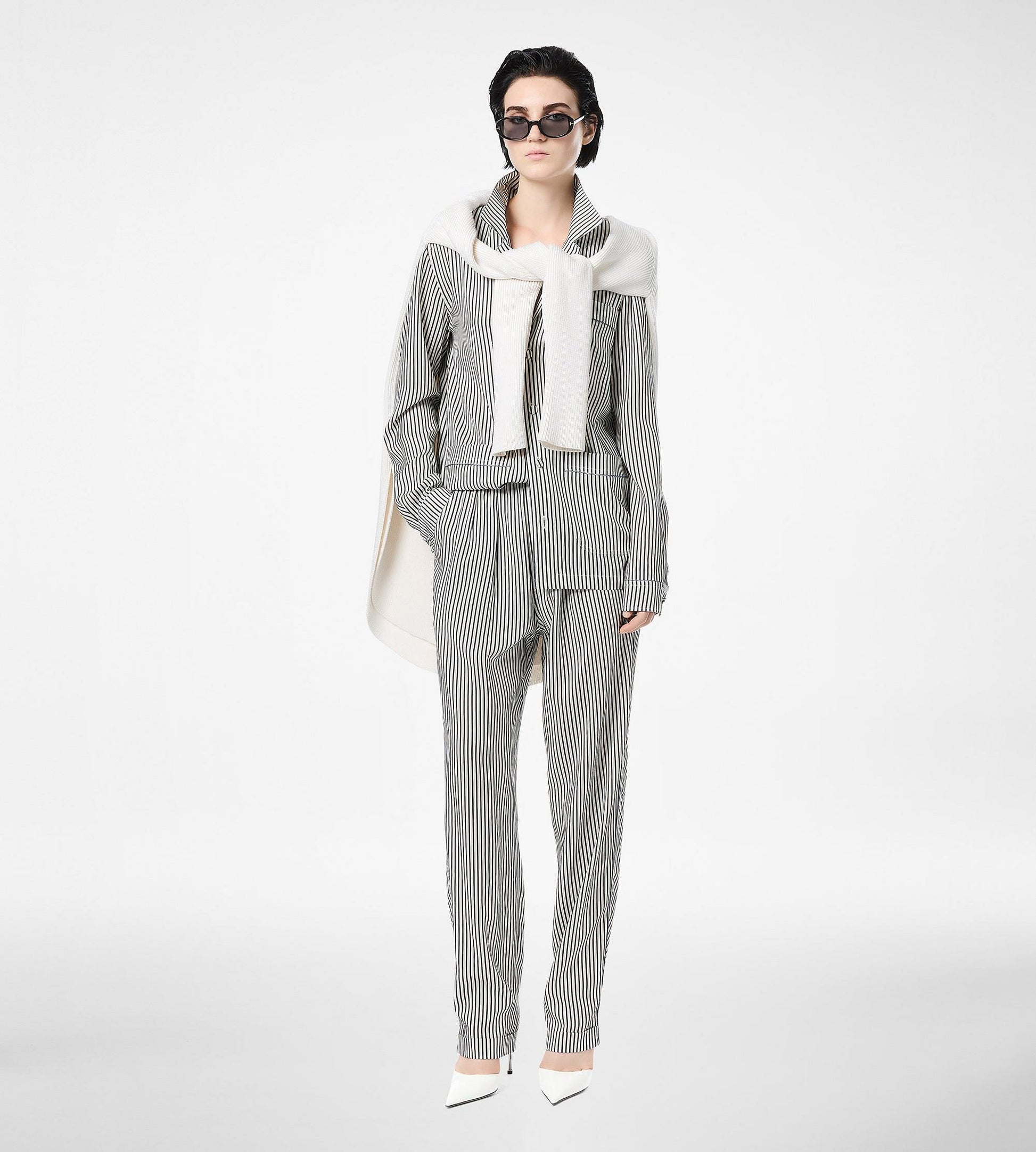 Striped Silk Pj Shirt With Piping And Tonal Tf Embroidered Logo