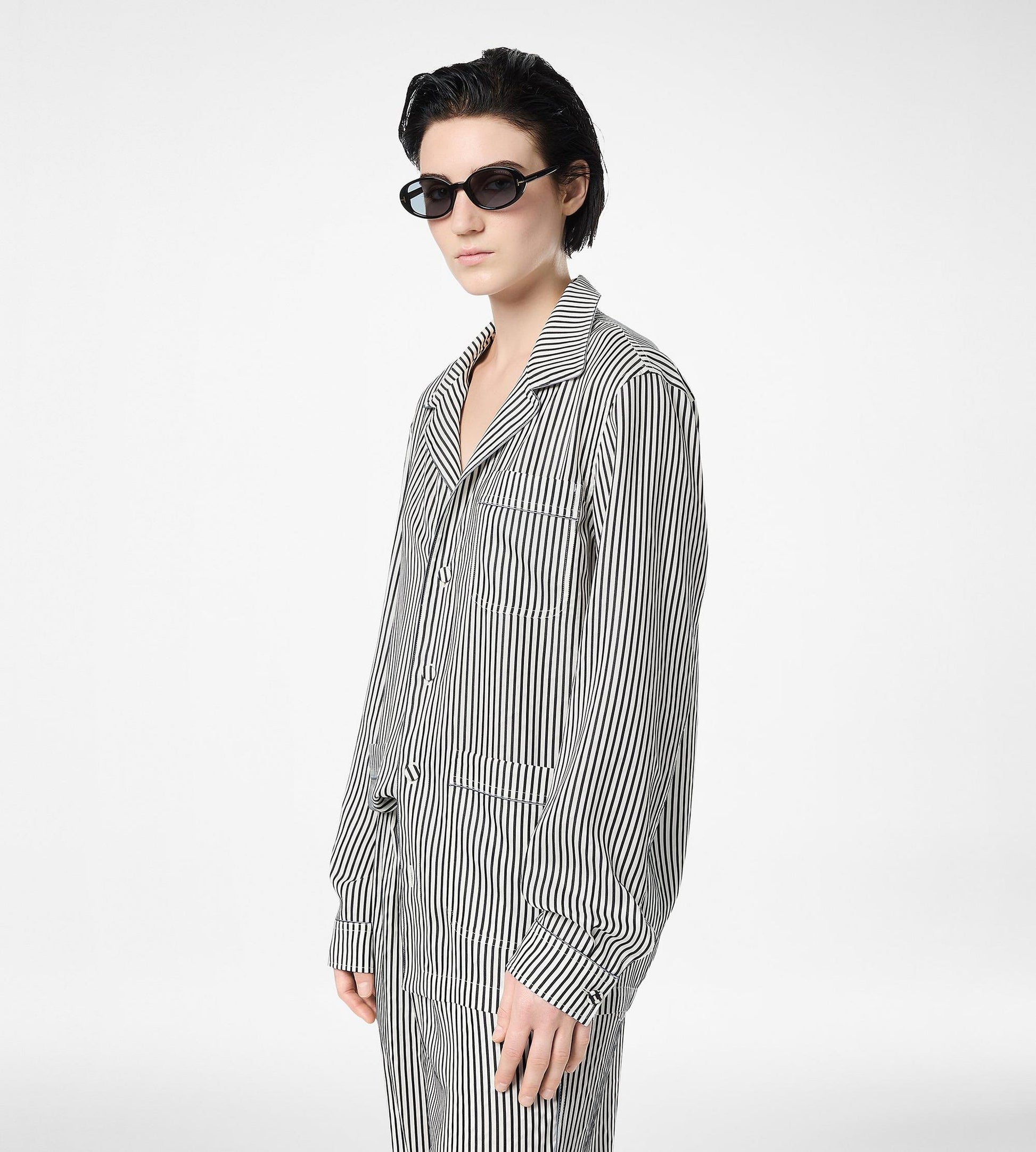 Striped Silk Pj Shirt With Piping And Tonal Tf Embroidered Logo