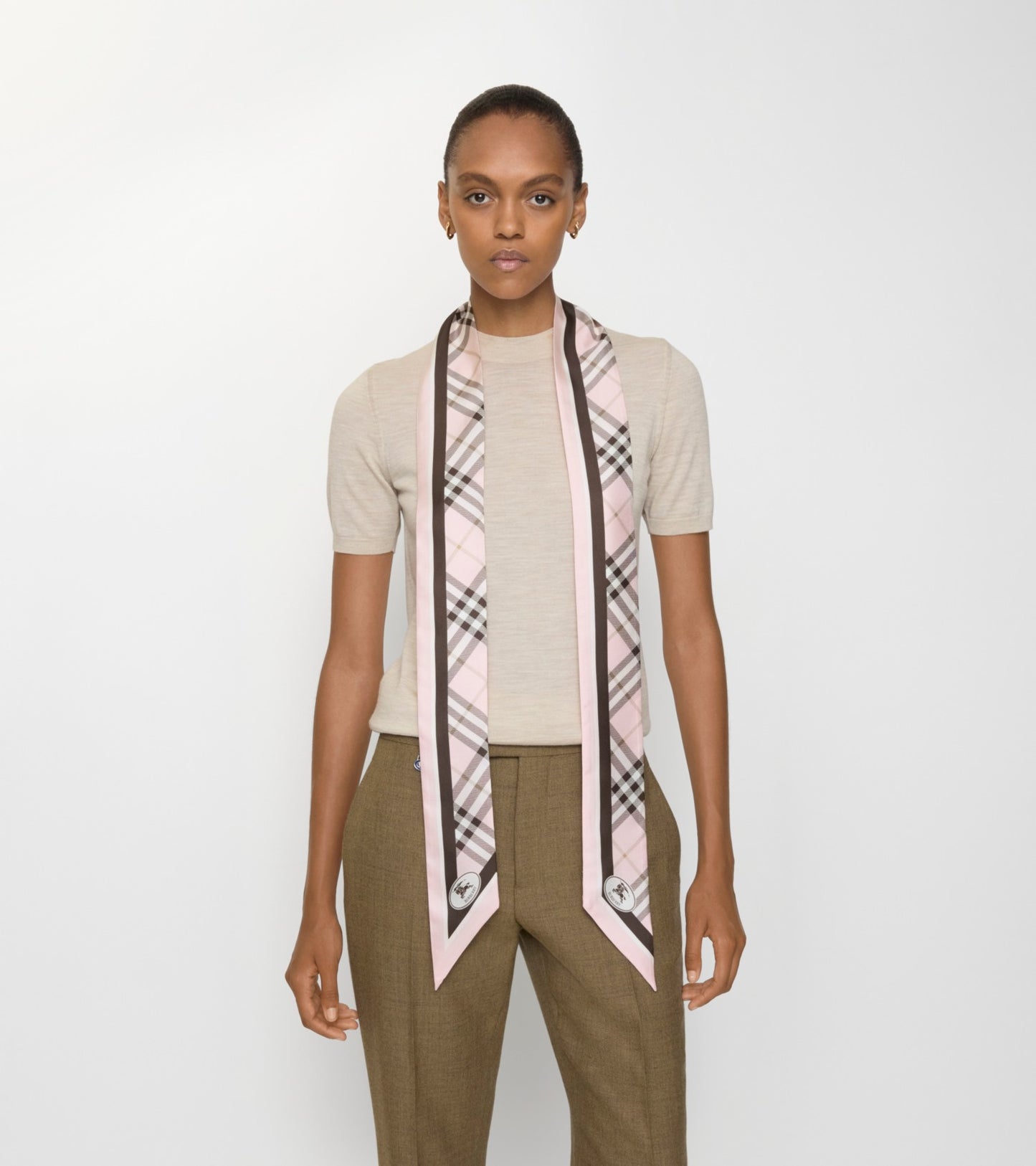 Skinny Check Silk Scarf in Bow pink